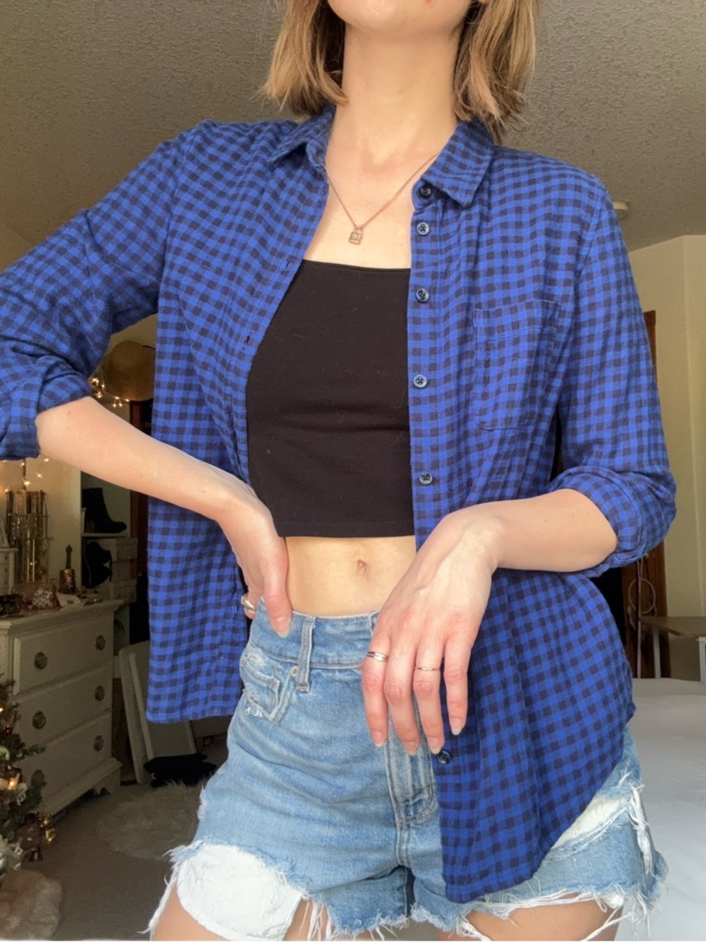 forever 21 blue and black check button up cotton long sleeve flannel shirt